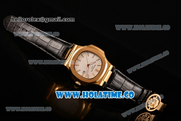 Patek Philippe Nautilus Asia Automatic Yellow Gold Case with White Dial Black Leather Strap and Stick Markers - Click Image to Close